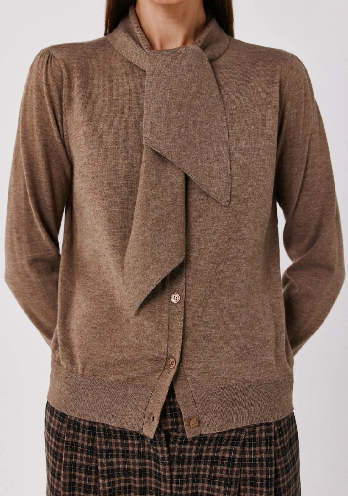 Cortefiel Tie Neck Fine Knit Cardigan - Tan 1 Shaws Department Stores
