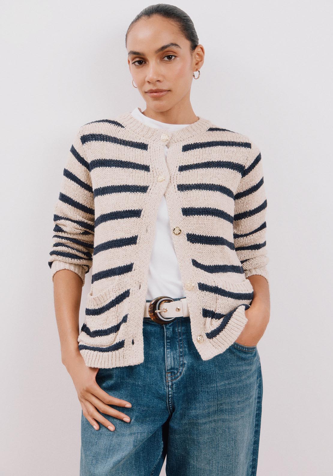 Cortefiel Two-Tone Striped Jacket - Beige/camel 1 Shaws Department Stores