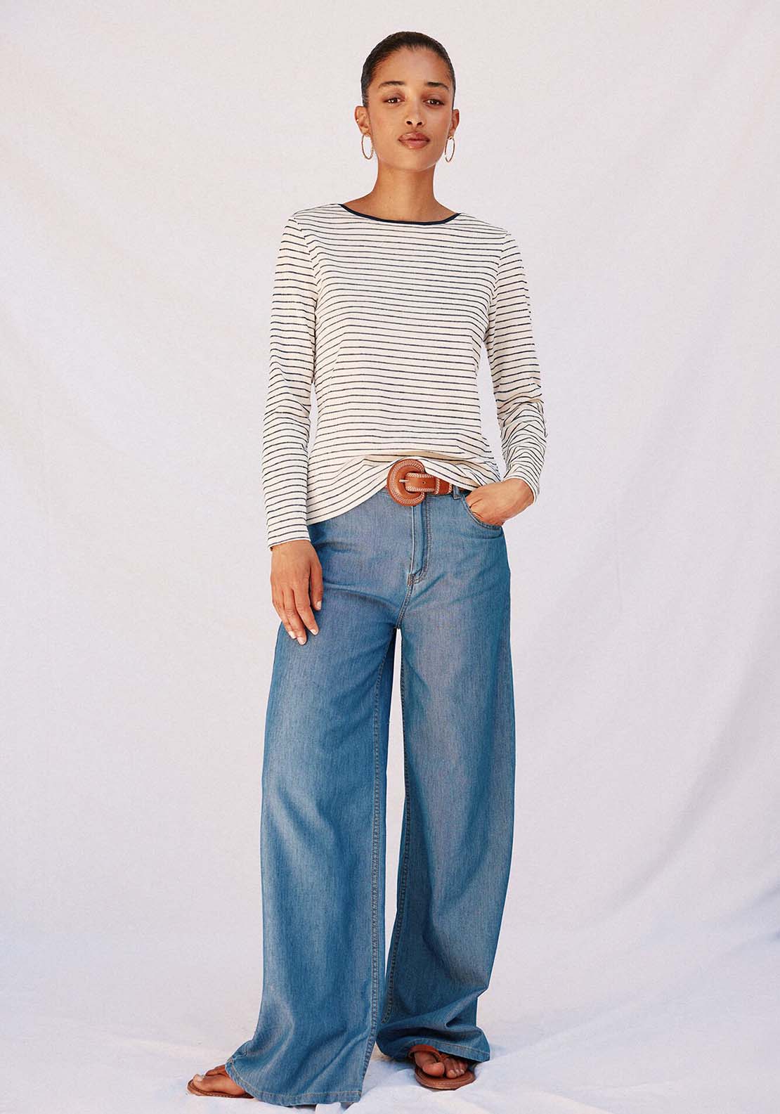 Striped Boat Neck T-Shirt - Blue