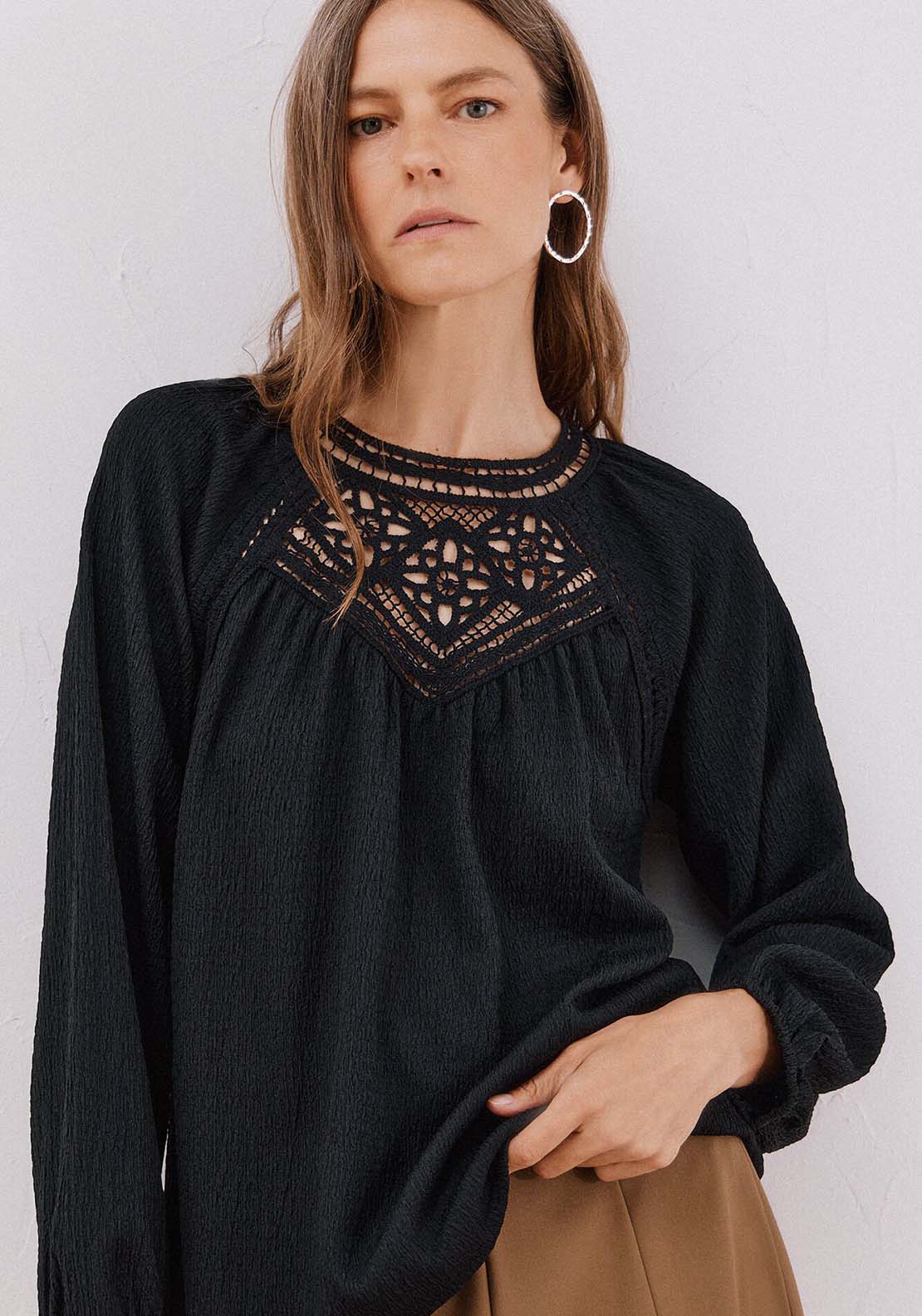 Crochet Patch Top - Black