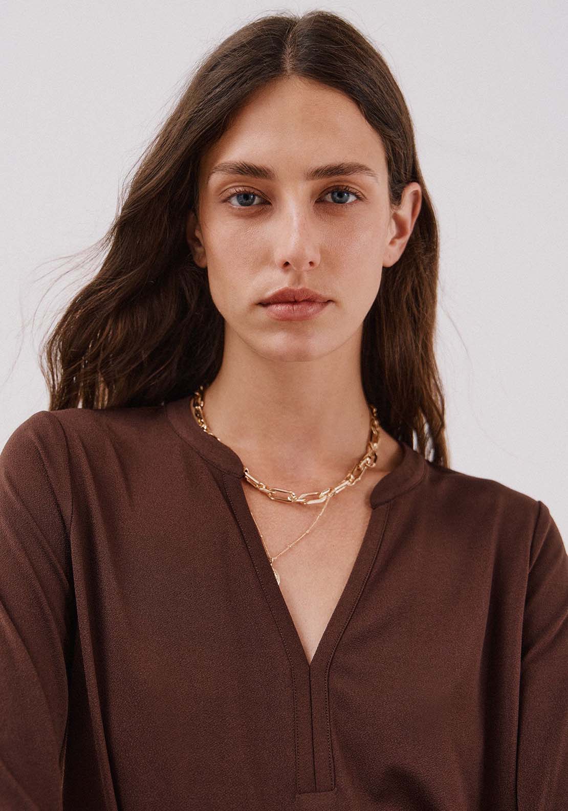 Basic Mandarin Neckline -Shirt - Brown
