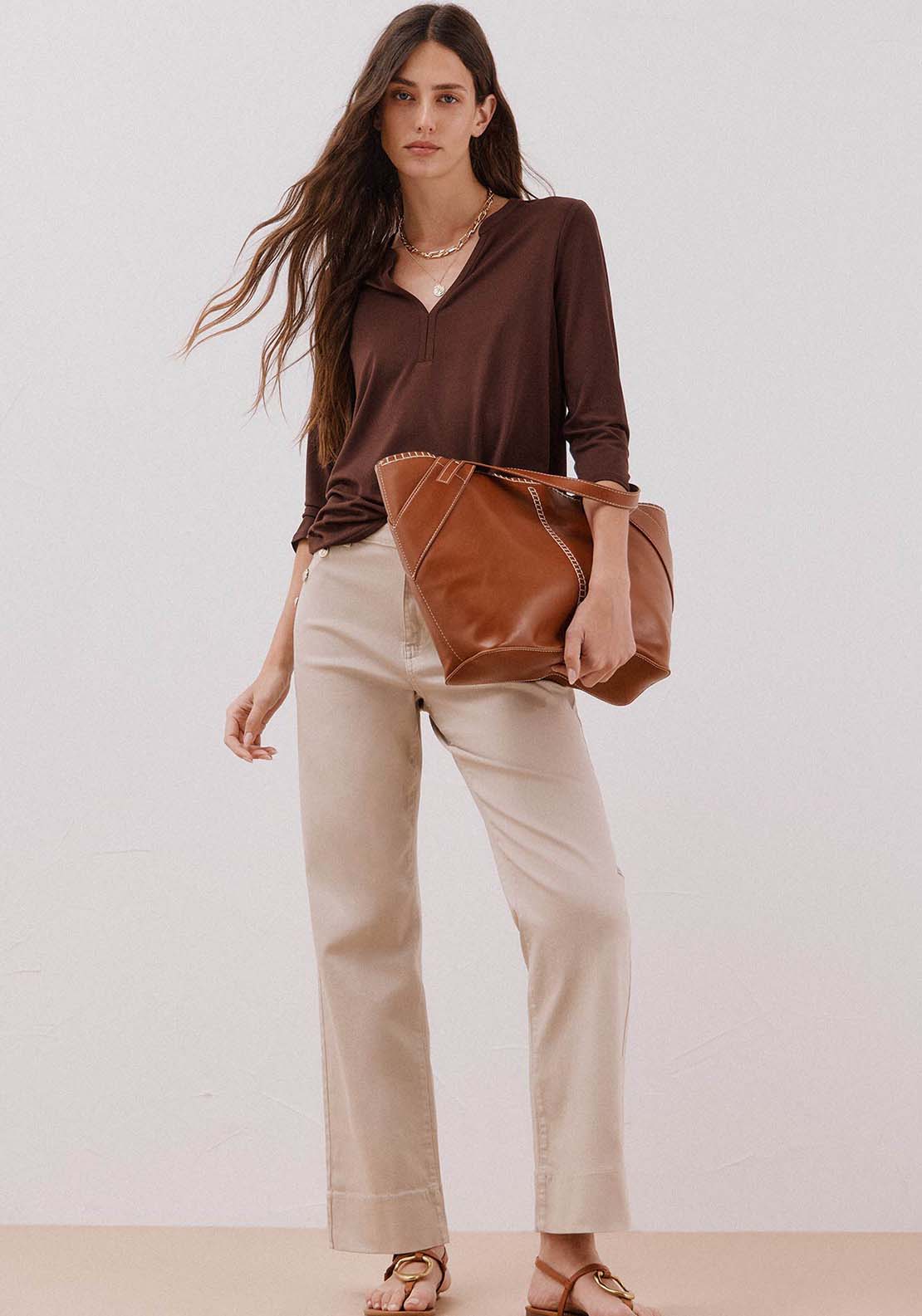 Basic Mandarin Neckline -Shirt - Brown