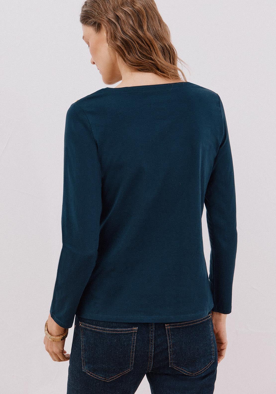 Boat Neck T-Shirt With Buttons - Blue