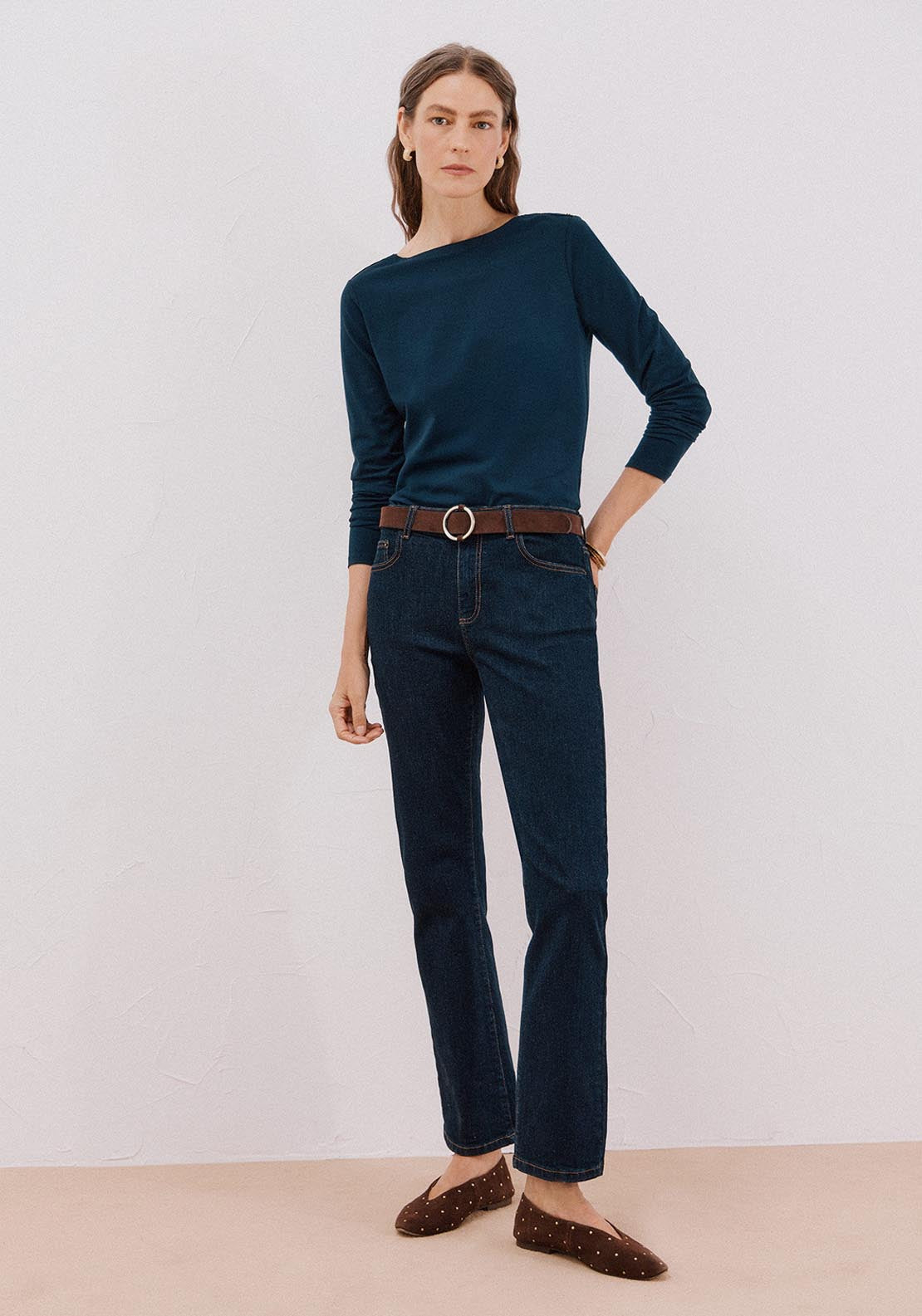 Boat Neck T-Shirt With Buttons - Blue