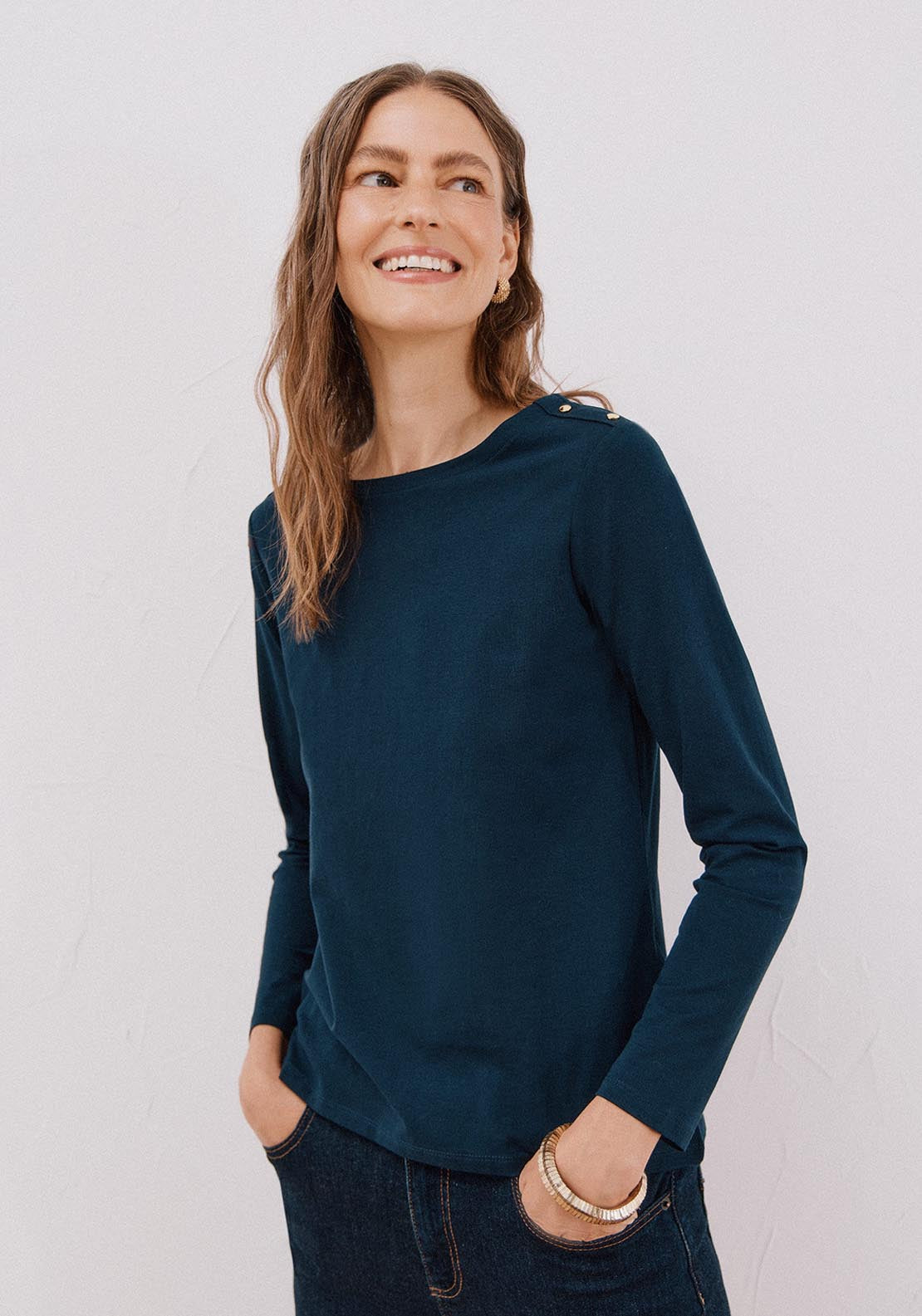 Boat Neck T-Shirt With Buttons - Blue