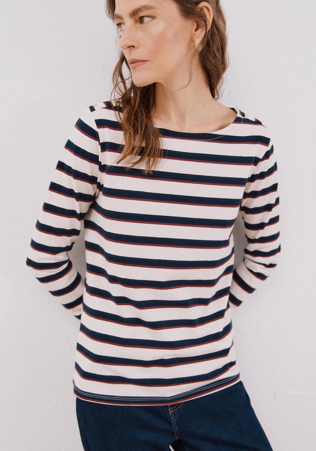 Boat Neck T-Shirt With Buttons - Blue