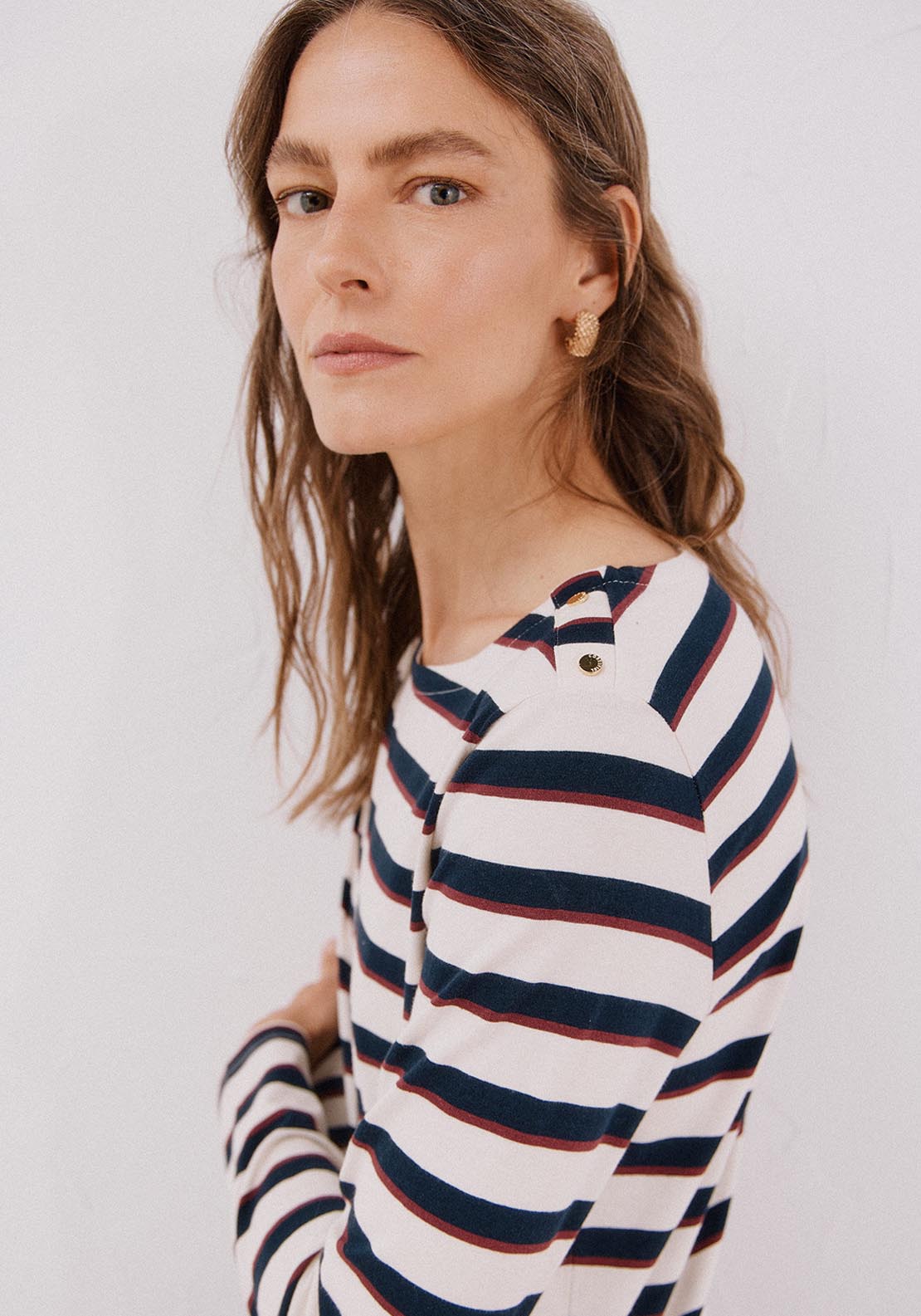Boat Neck T-Shirt With Buttons - Blue