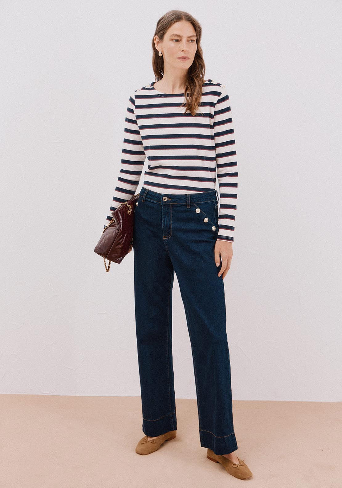 Boat Neck T-Shirt With Buttons - Blue