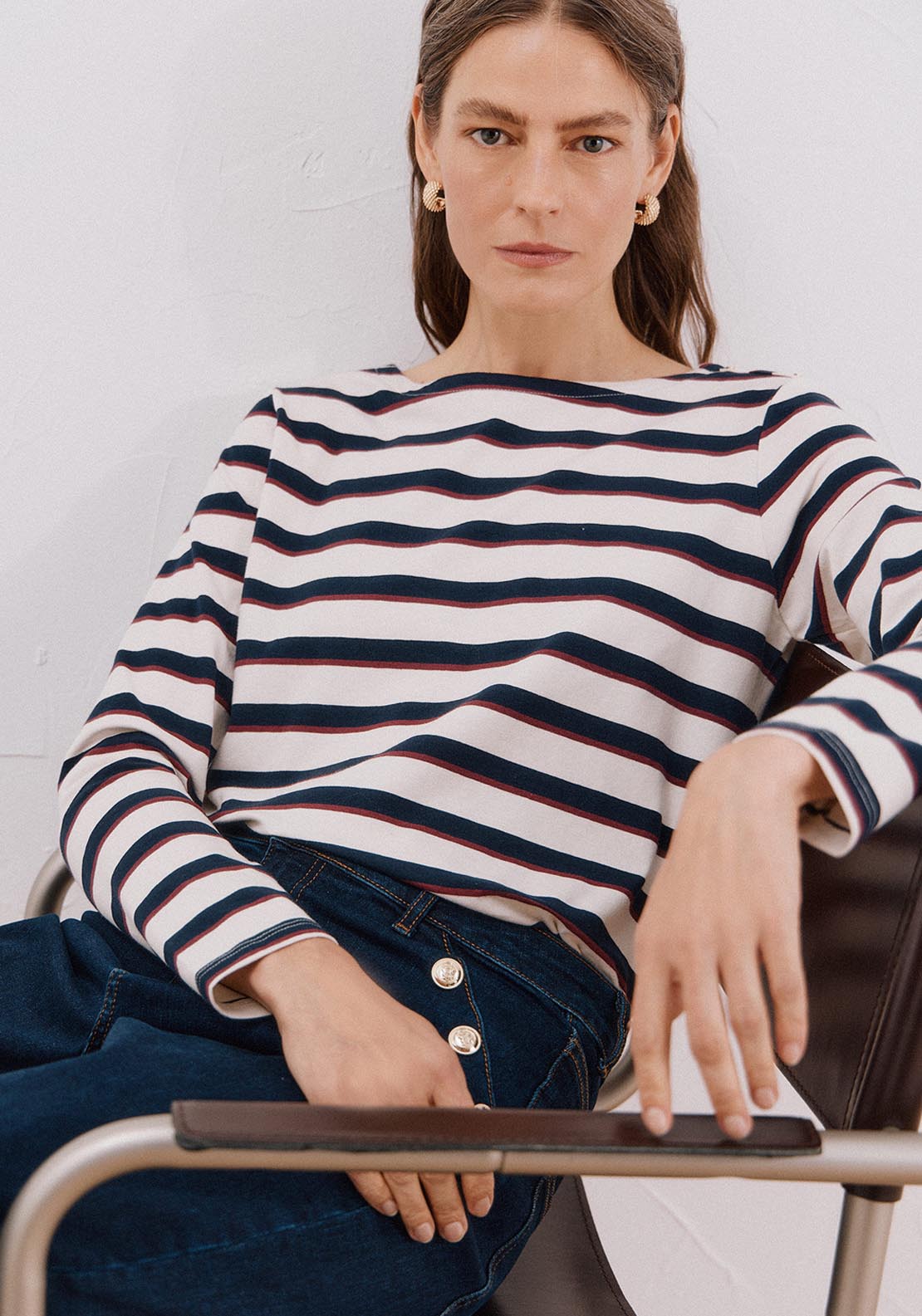 Boat Neck T-Shirt With Buttons - Blue