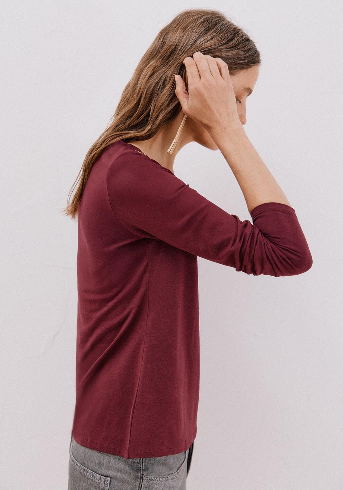 Boat Neck T-Shirt With Buttons - Red