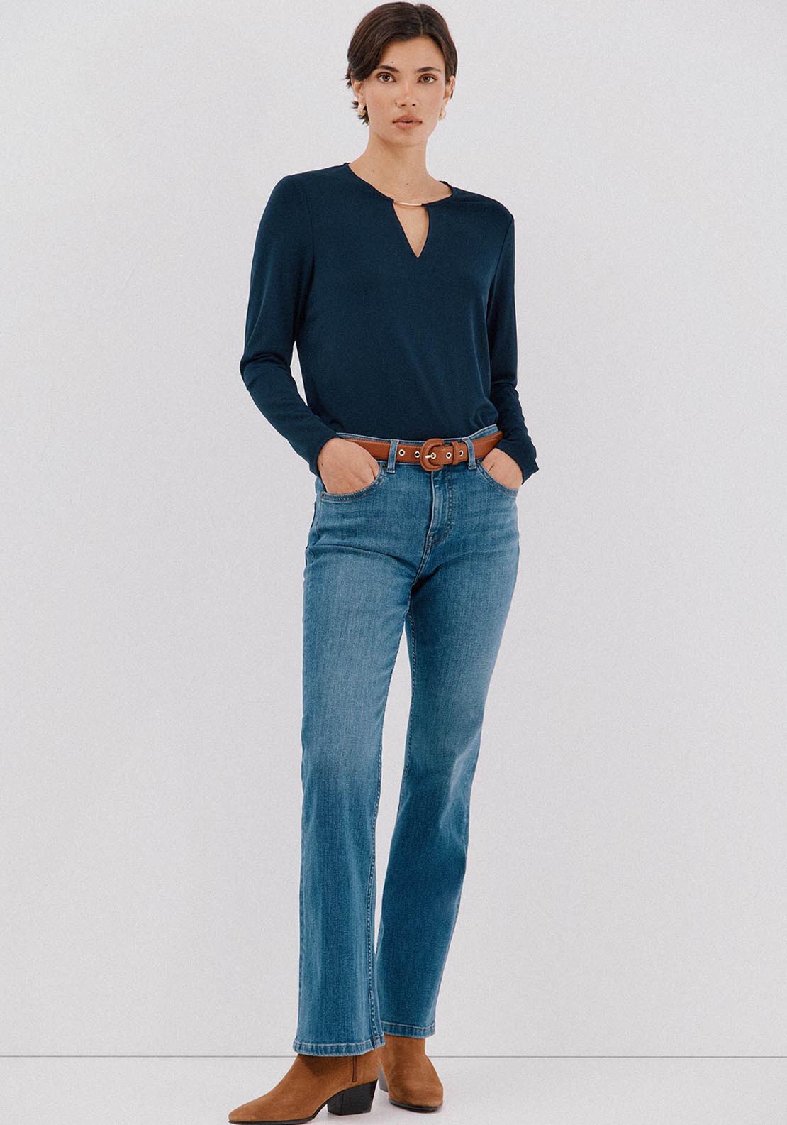 Cortefiel Gold Piece Neckline Top - Blue 6 Shaws Department Stores