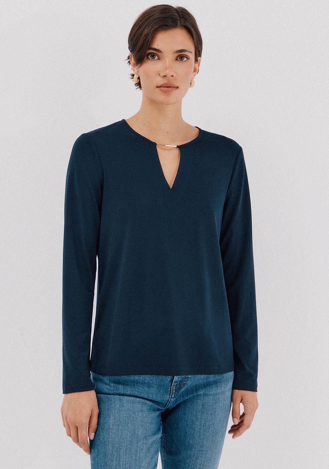 Cortefiel Gold Piece Neckline Top - Blue 1 Shaws Department Stores