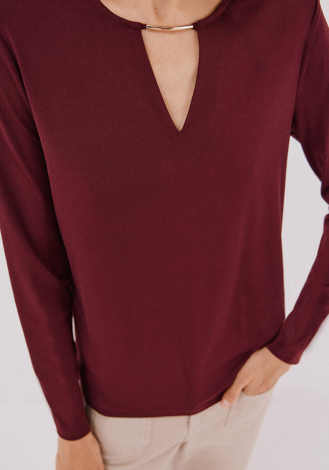 Cortefiel Gold Piece Neckline Top - Red 3 Shaws Department Stores