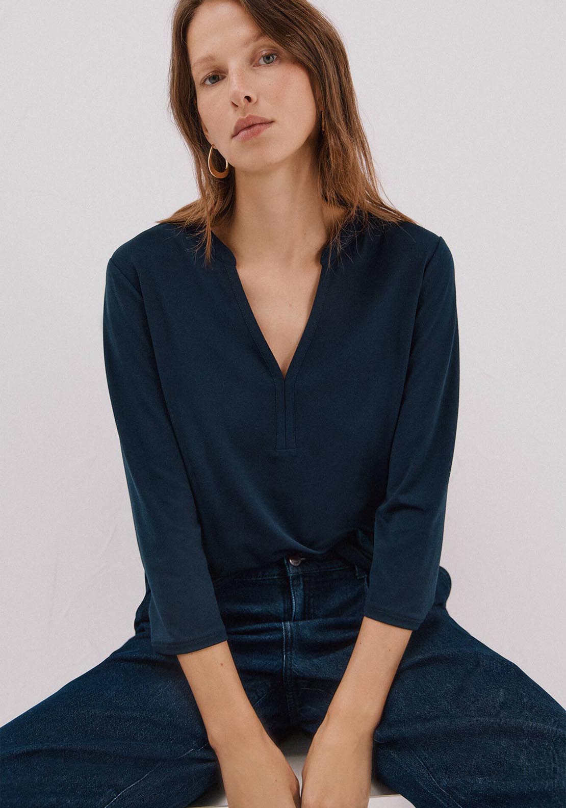 Basic Top With Mandarin Collar - Blue