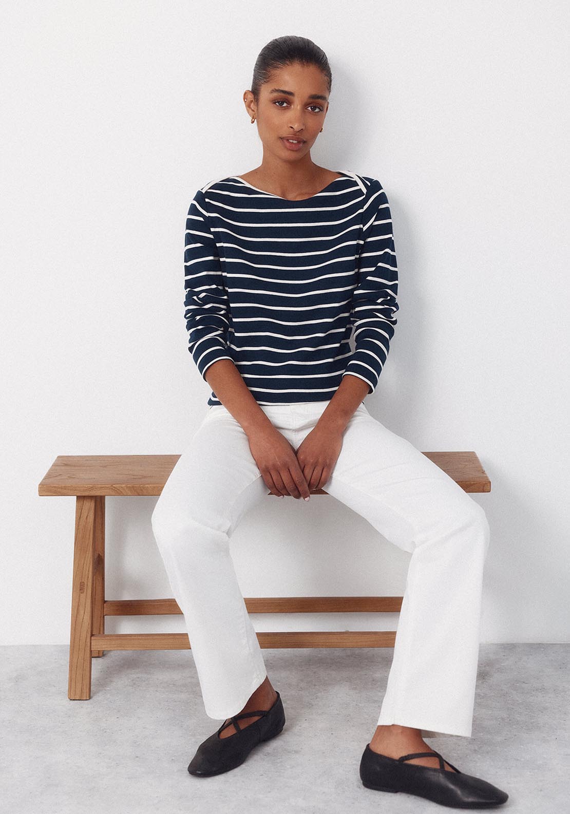 Contrast Boat Neck T Shirt - Blue