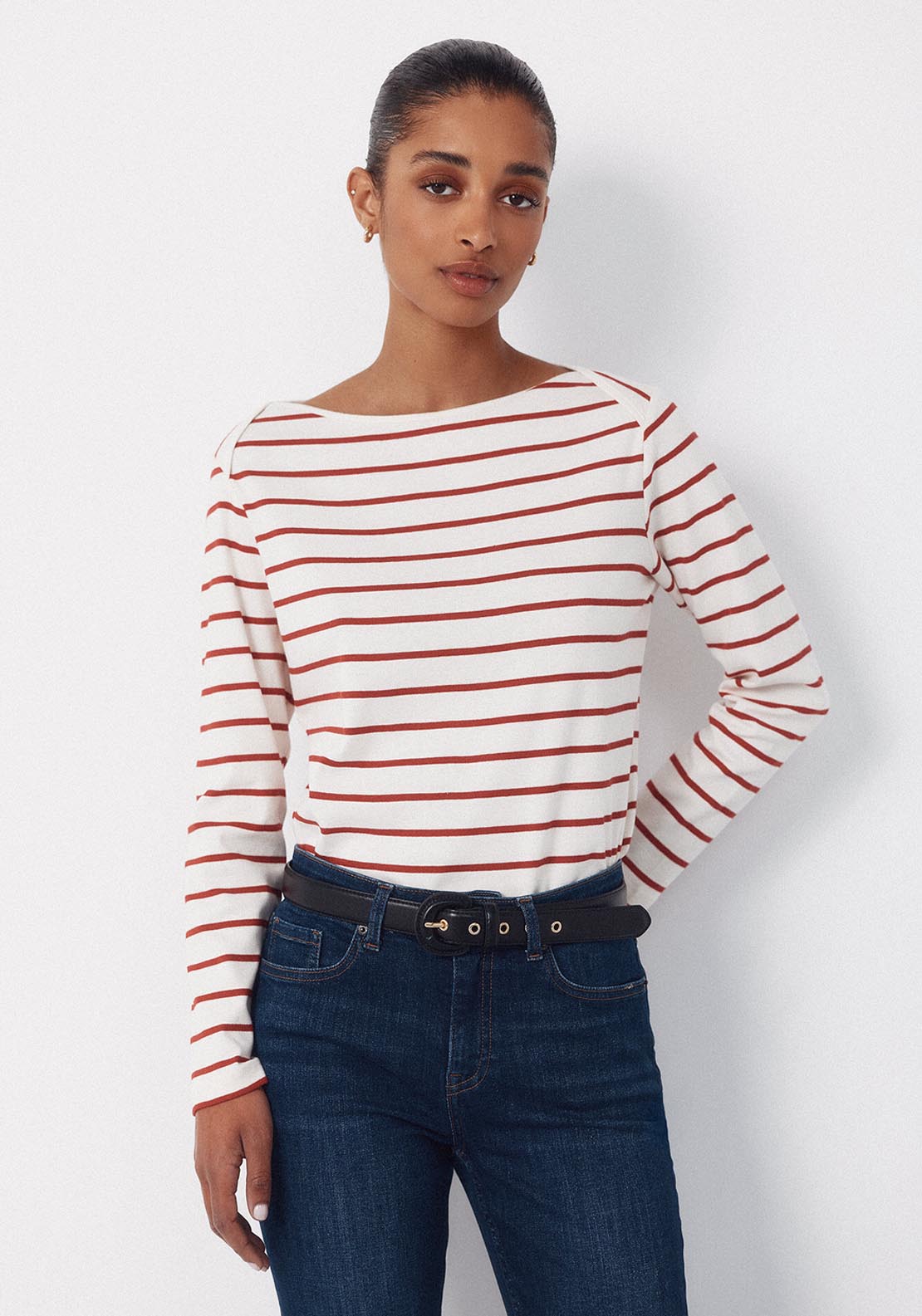 Contrast Boat Neck T Shirt - Red