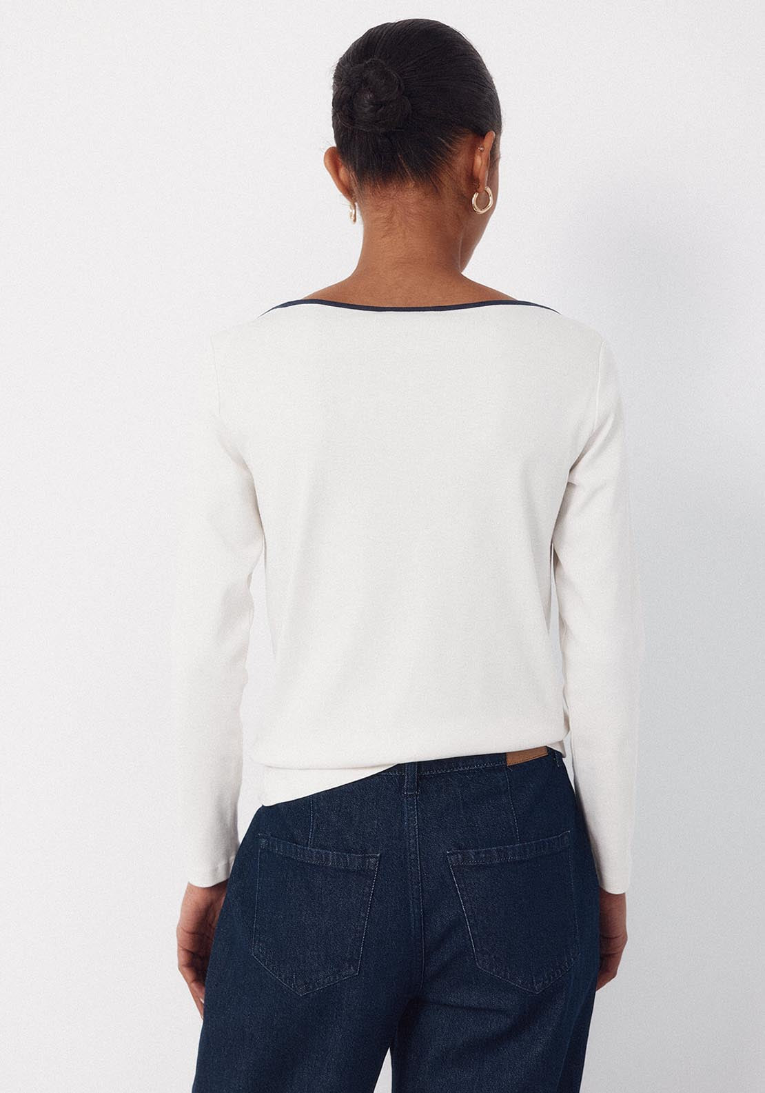 Contrast Boat Neck T Shirt - Cream