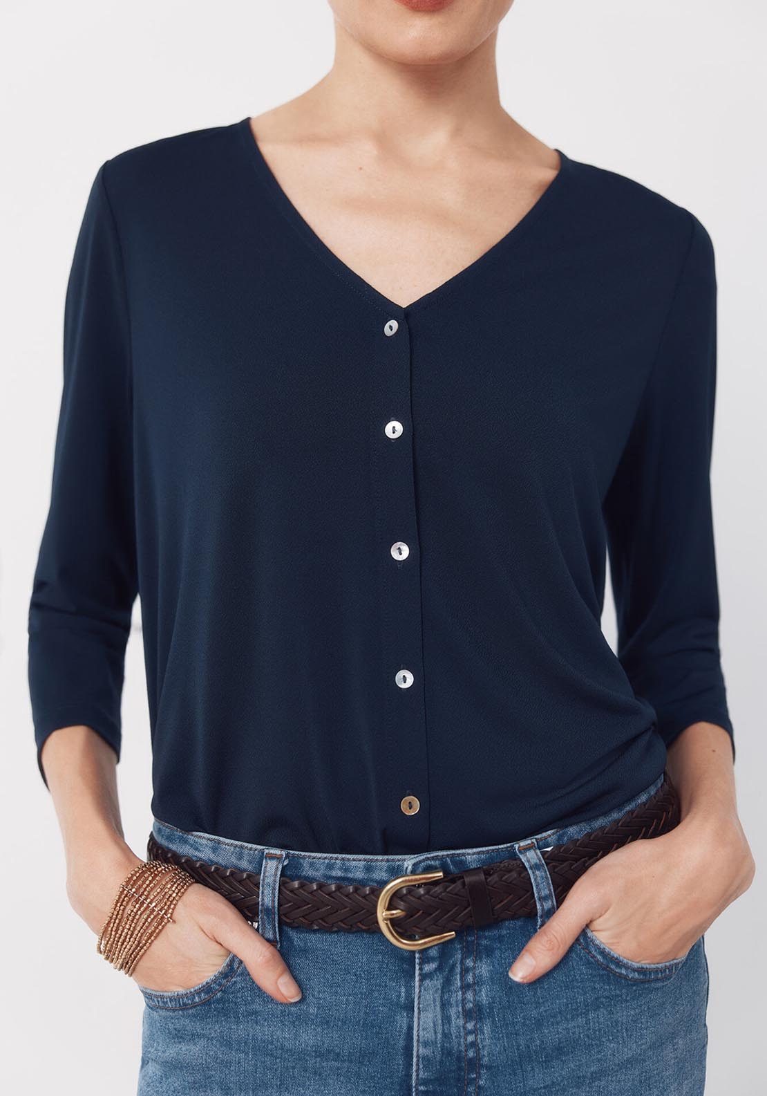 V NeckTop With Buttons - Blue