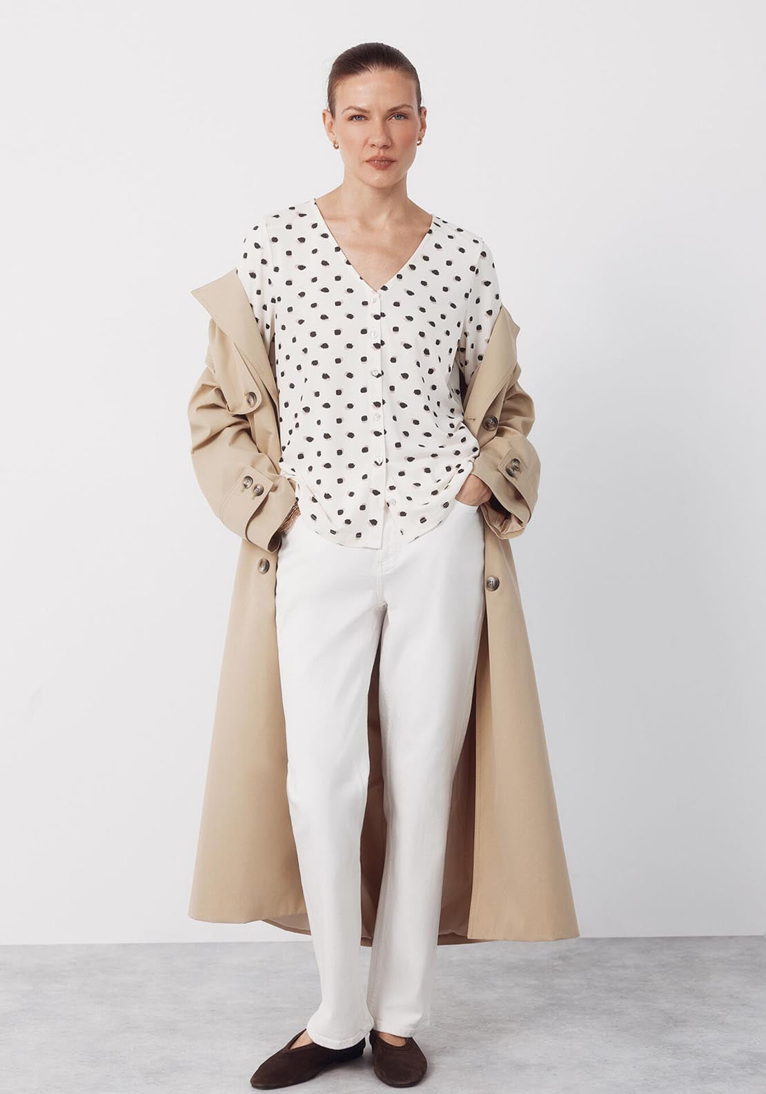 V NeckTop With Buttons - Beige