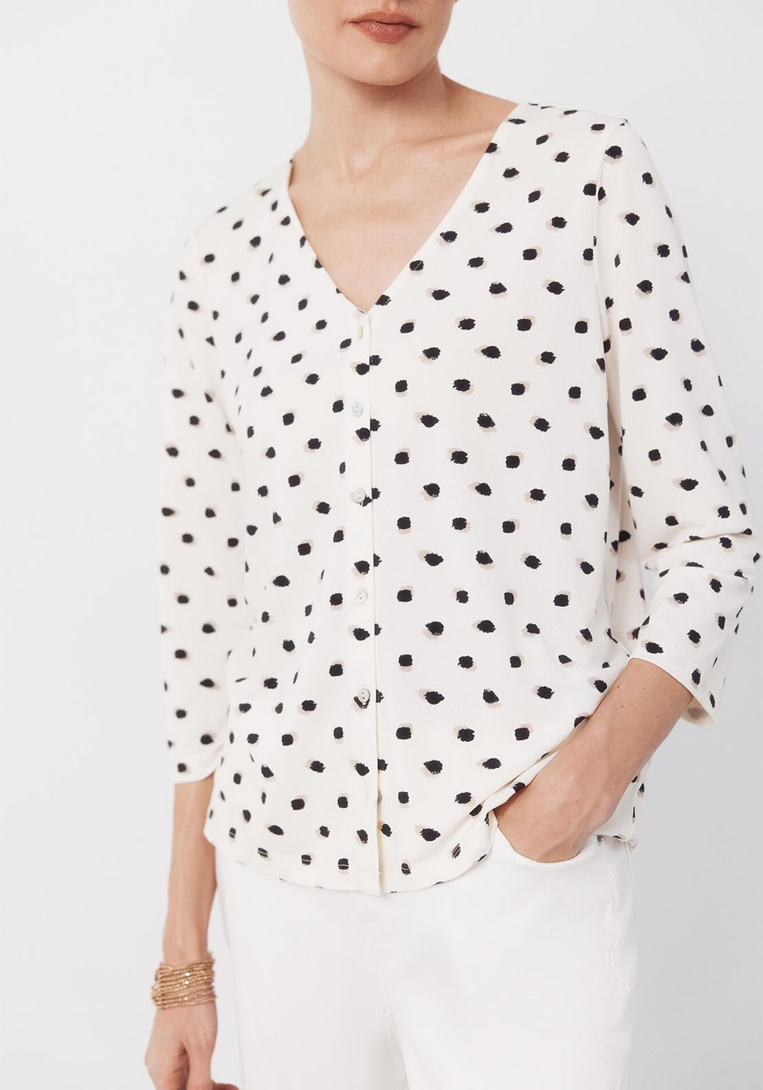 V NeckTop With Buttons - Beige