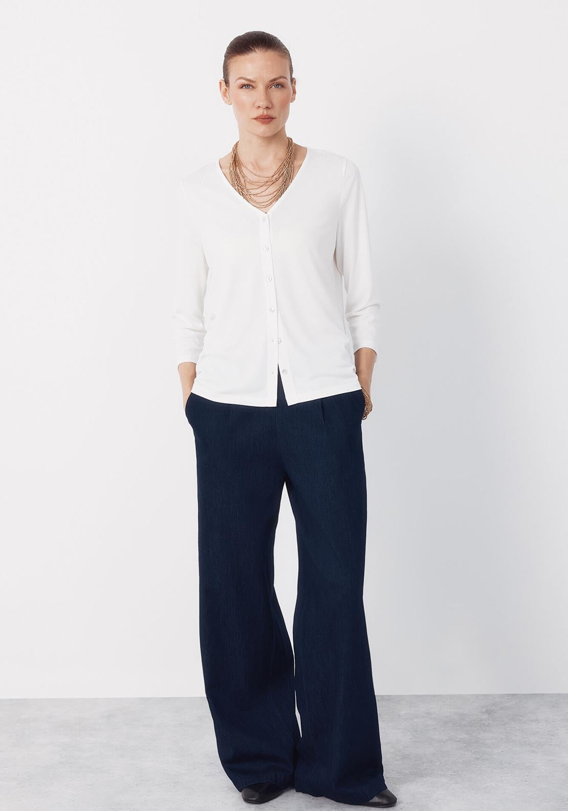 V NeckTop With Buttons - Cream