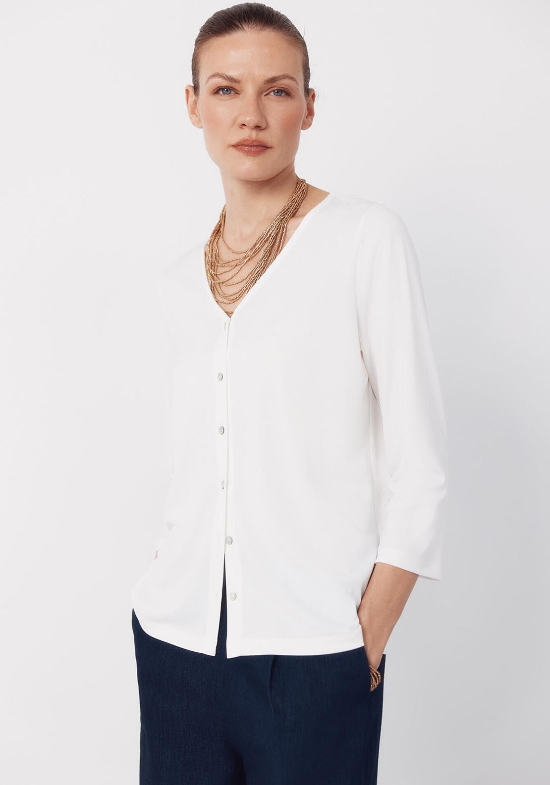 V NeckTop With Buttons - Cream