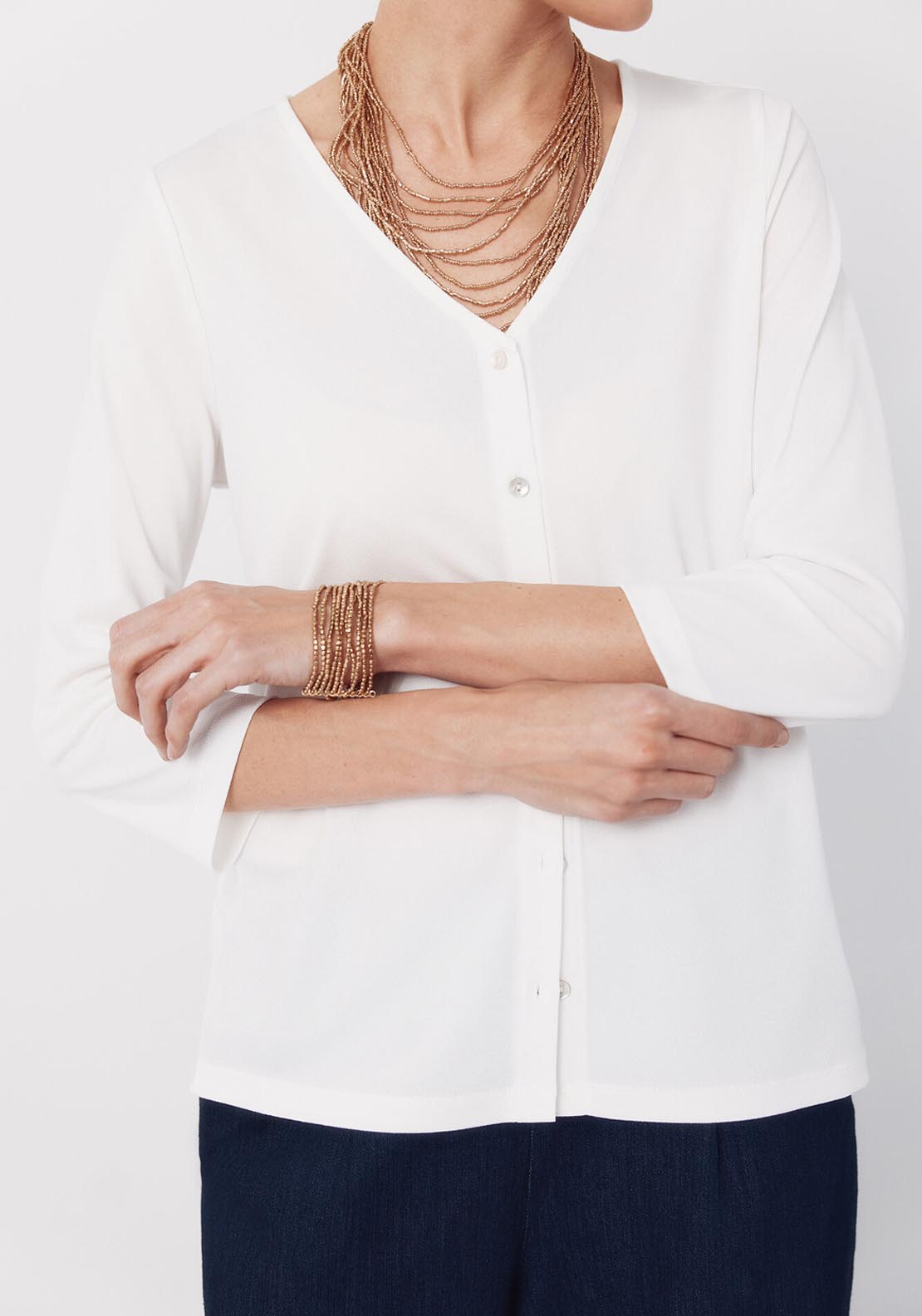 V NeckTop With Buttons - Cream