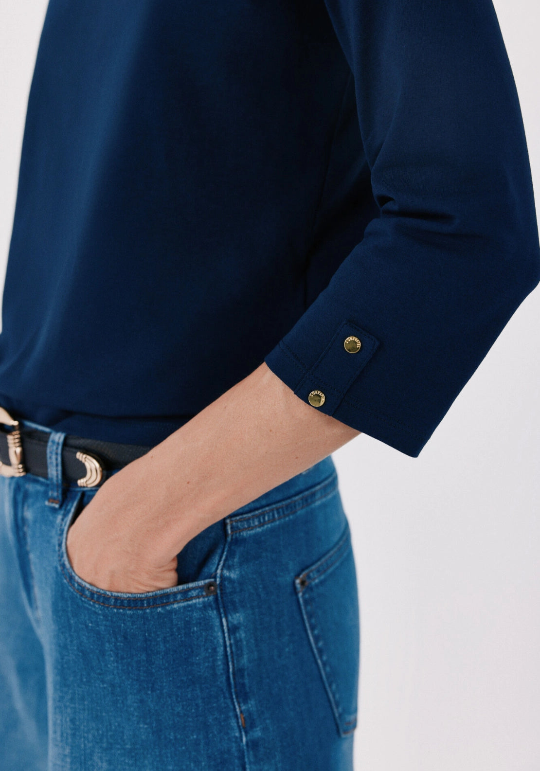 Boat Neck T-Shirt With Gold Buttons - Navy