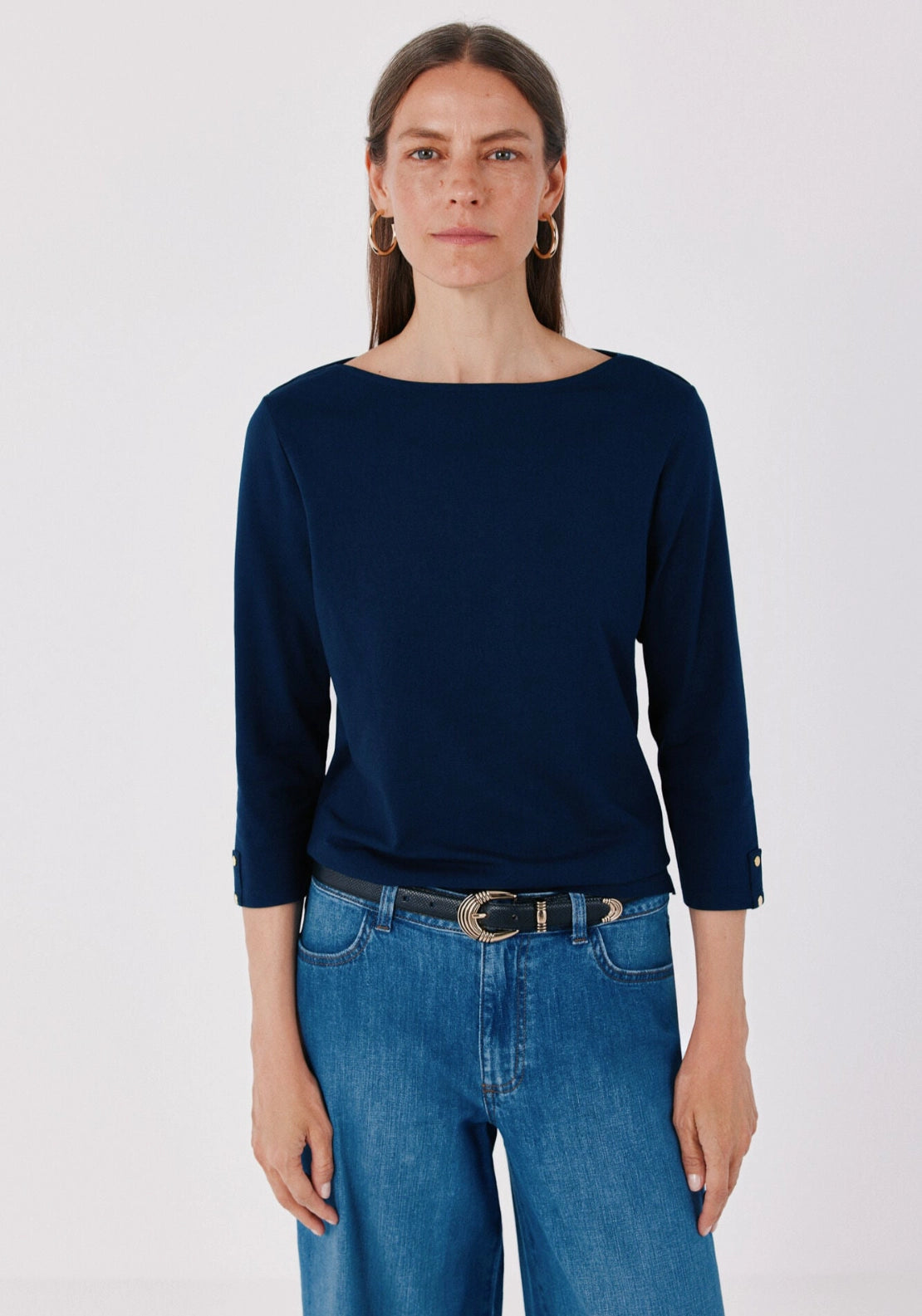 Boat Neck T-Shirt With Gold Buttons - Navy