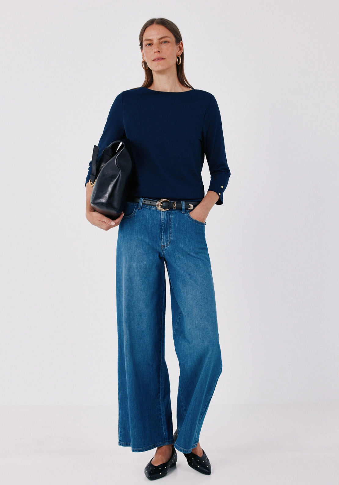 Boat Neck T-Shirt With Gold Buttons - Navy