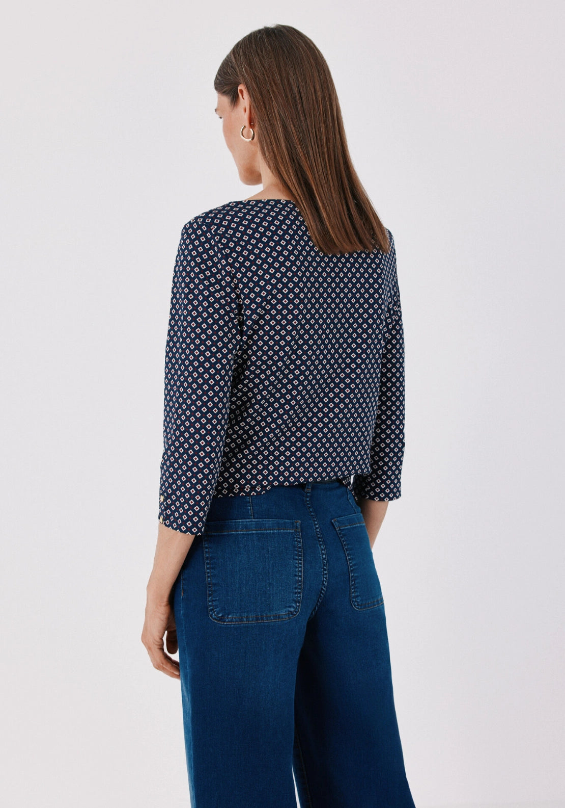 Boat Neck T-Shirt With Gold Buttons - Blue Print