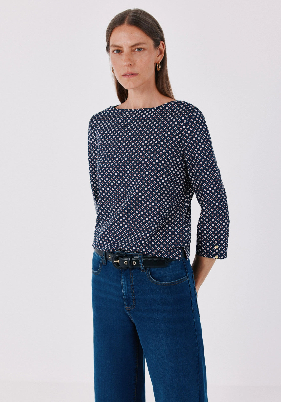 Boat Neck T-Shirt With Gold Buttons - Blue Print