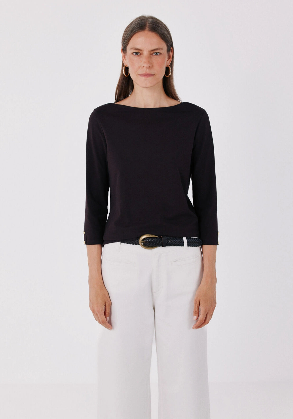 Boat Neck T-Shirt With Gold Buttons - Dark Brown