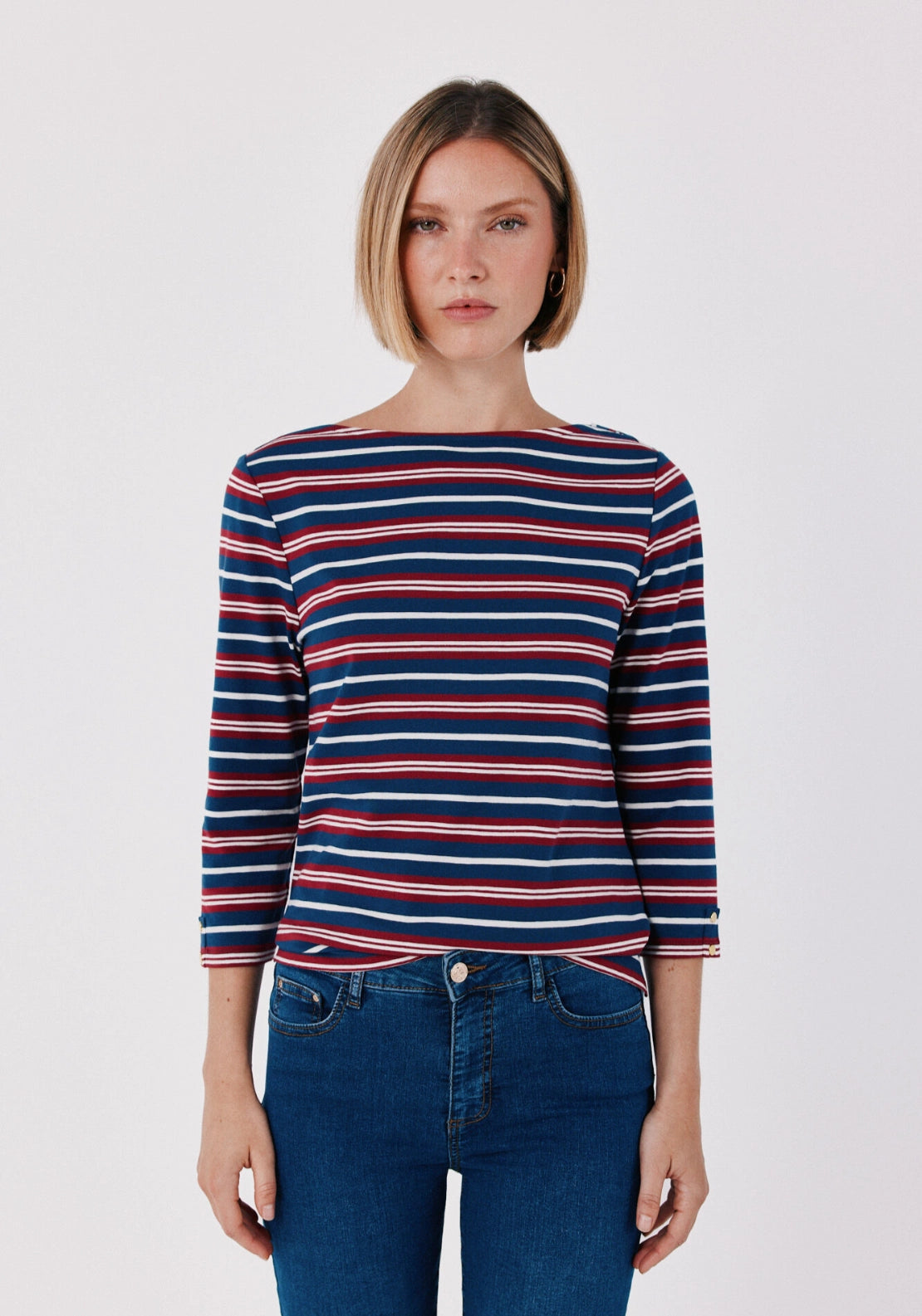 Boat Neck T-Shirt With Gold Buttons - Multicoloured