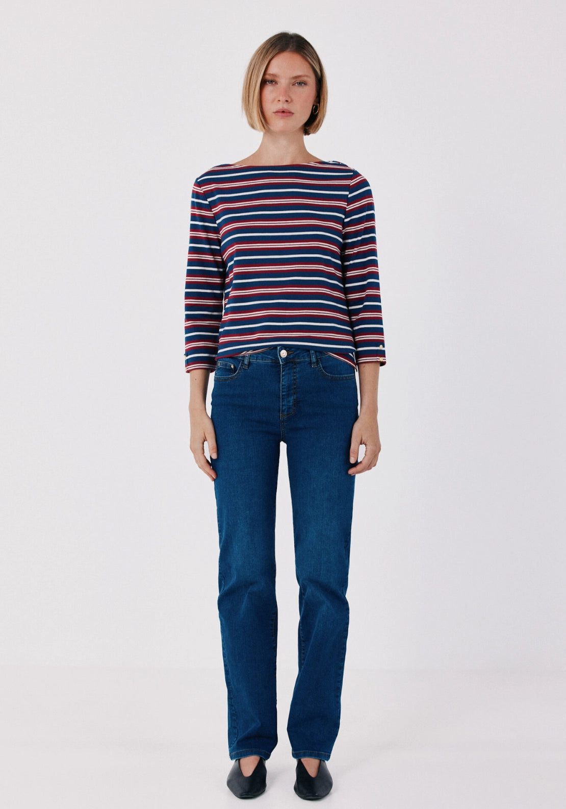 Boat Neck T-Shirt With Gold Buttons - Multicoloured