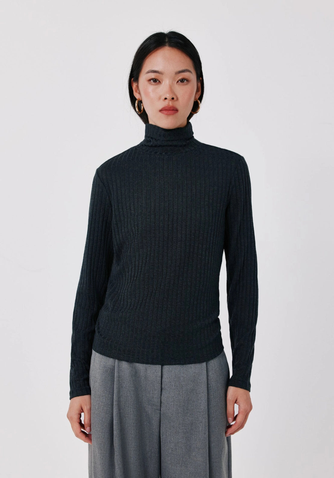 Fitted High Neck Long Sleeve Top - Charcoal Grey