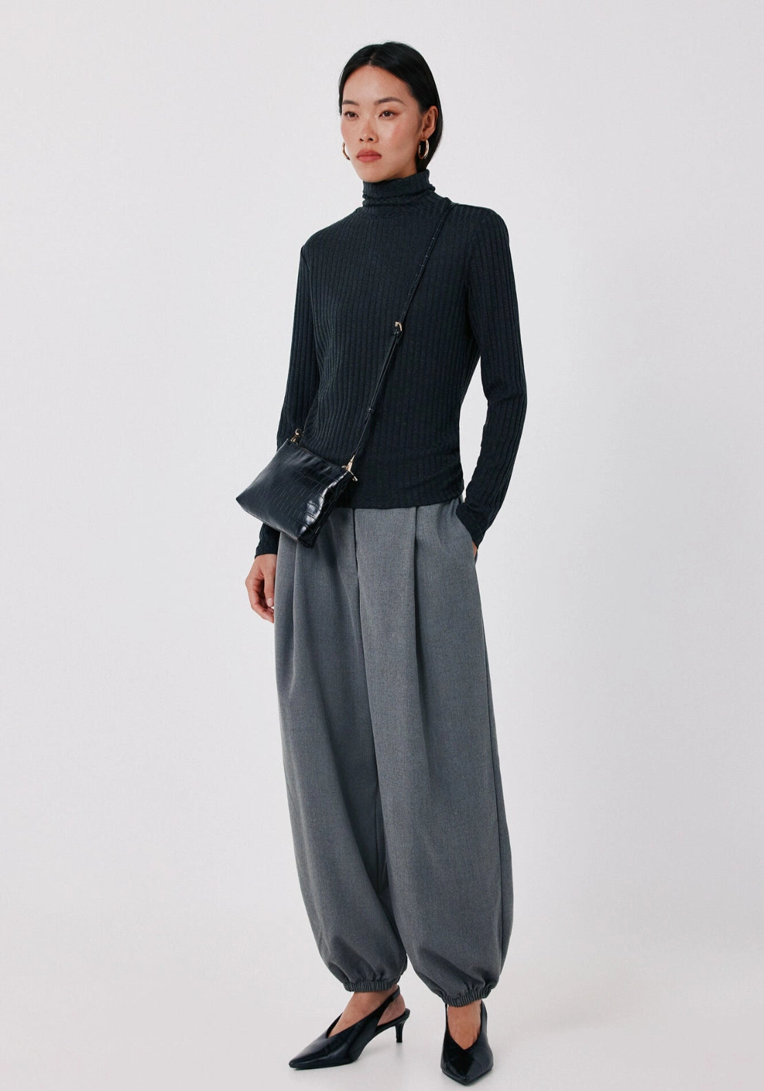 Fitted High Neck Long Sleeve Top - Charcoal Grey