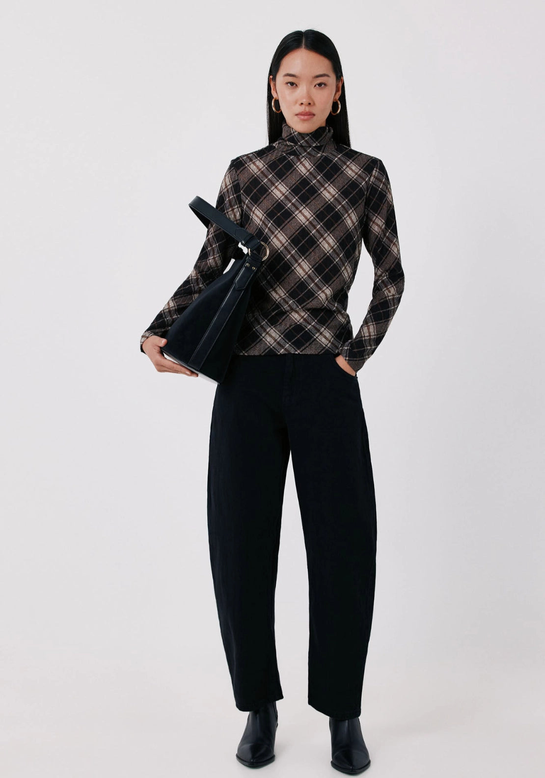 Fitted High Neck Long Sleeve Top - White Print