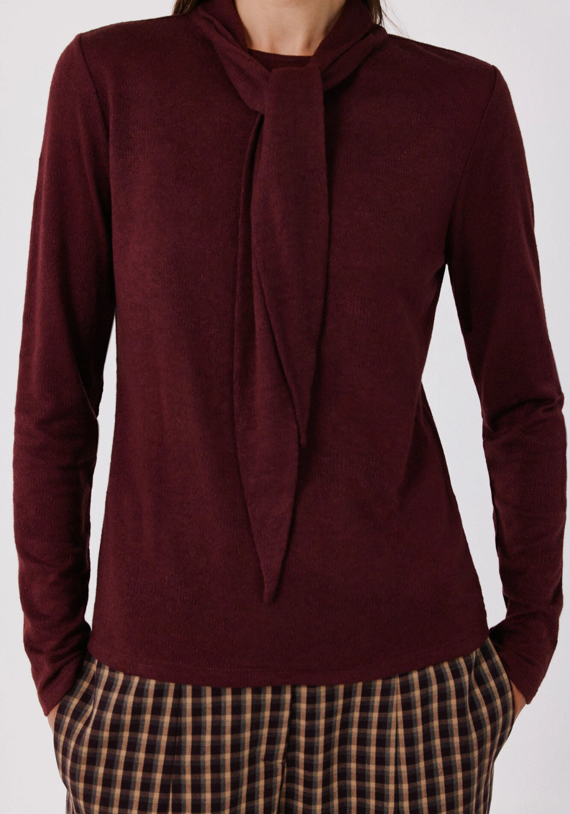 Scarf Detail Long Sleeve Top - Maroon
