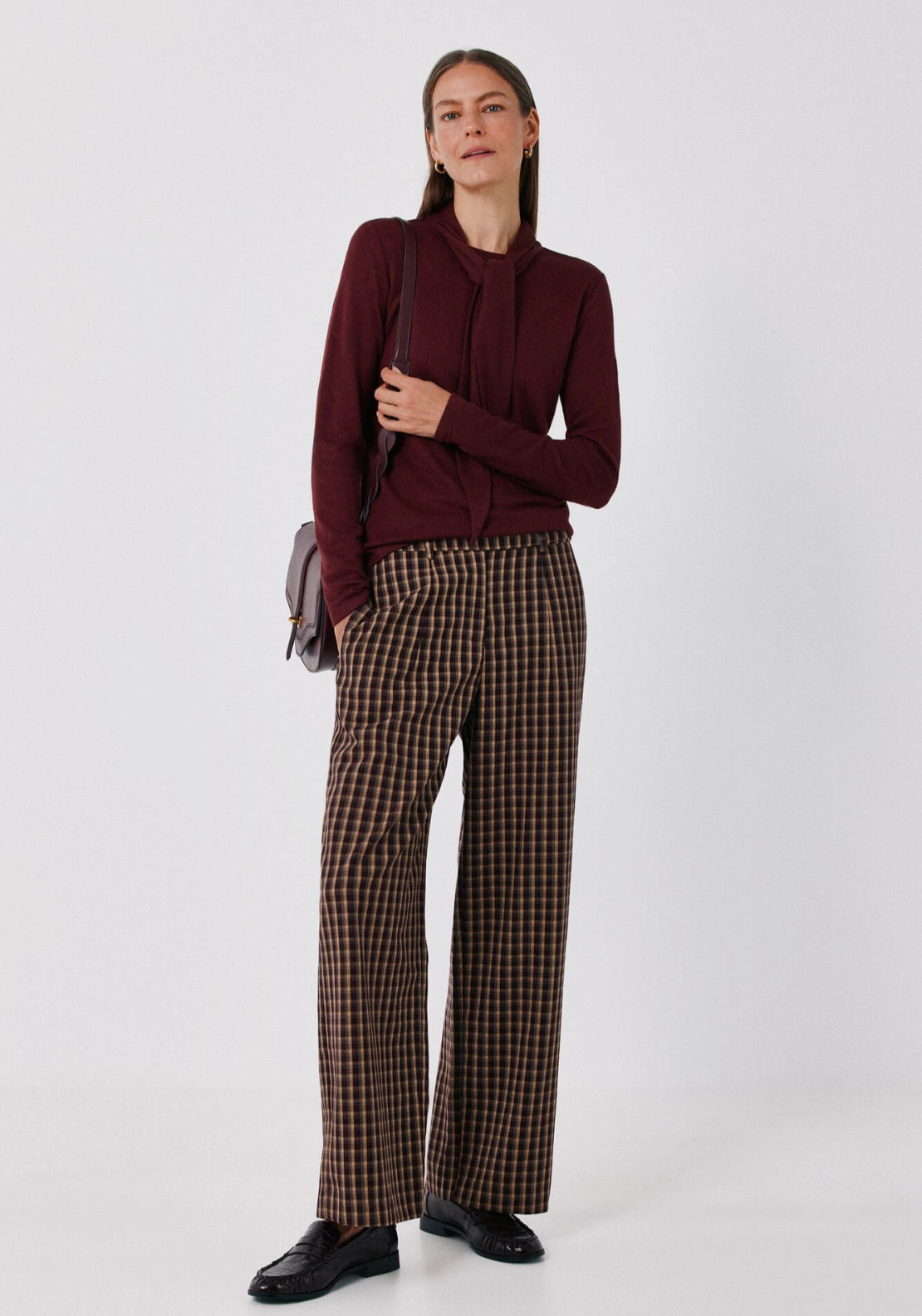 Scarf Detail Long Sleeve Top - Maroon