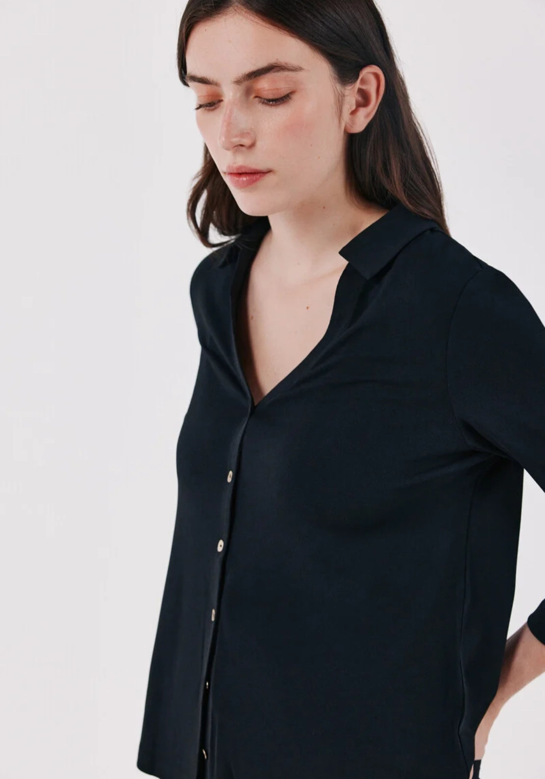 Soft V Neck Front Button Basic Shirt - Black