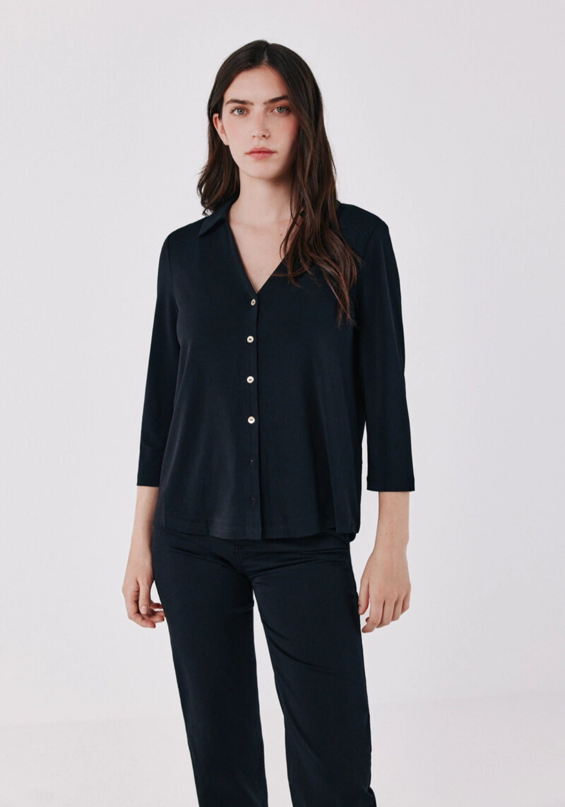 Soft V Neck Front Button Basic Shirt - Black