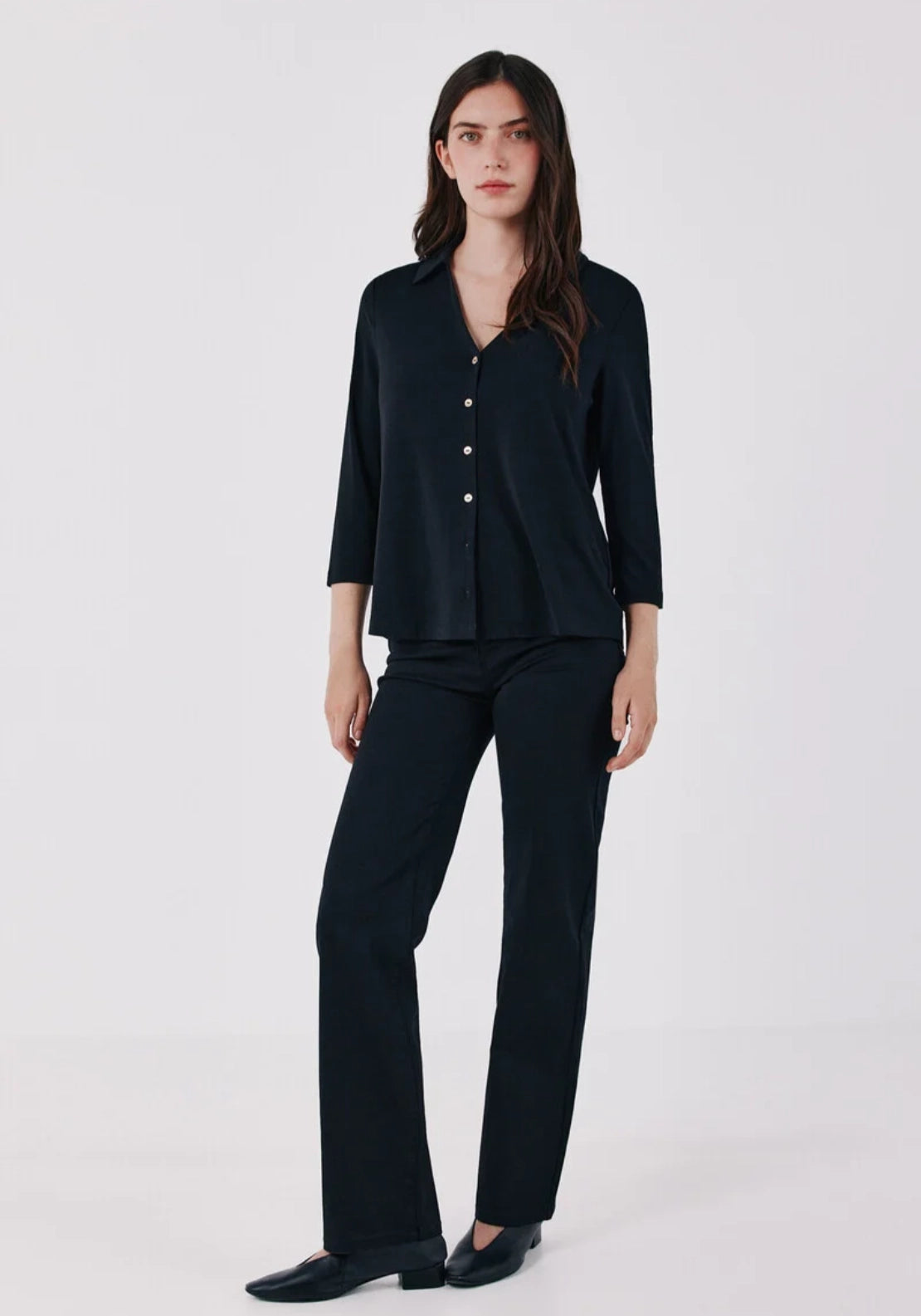 Soft V Neck Front Button Basic Shirt - Black