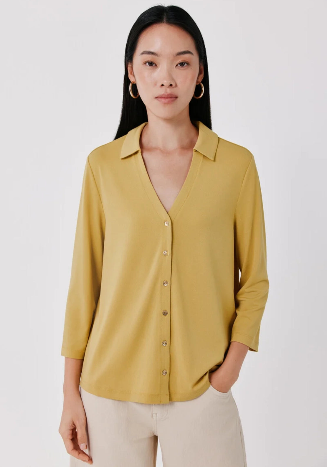 Soft V Neck Front Button Basic Shirt - Yellow/gold