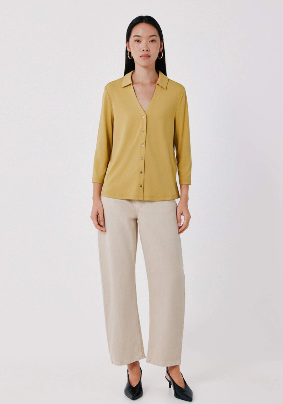 Soft V Neck Front Button Basic Shirt - Yellow/gold