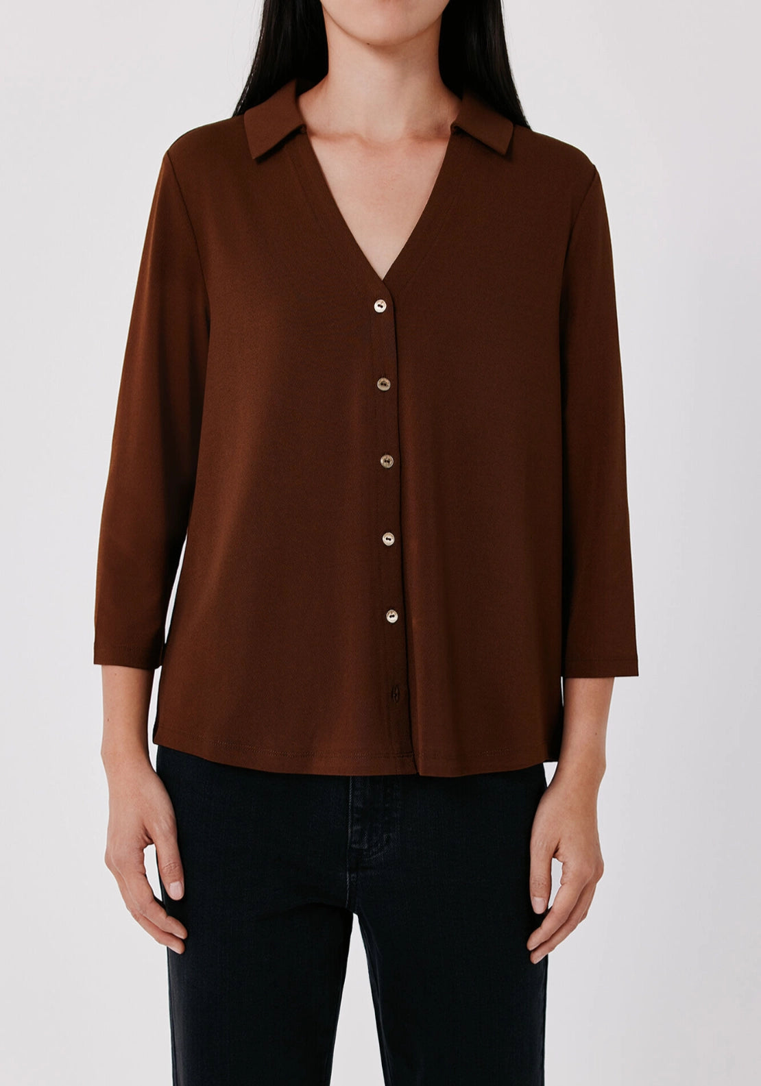 Print Pattern V Neck Front Button Basic Shirt - Tan