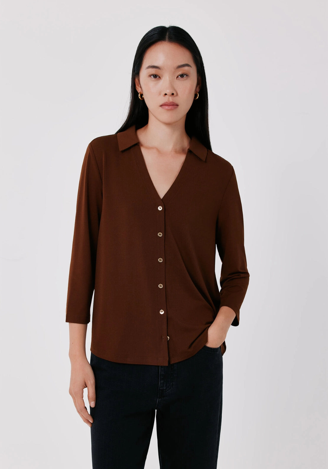 Print Pattern V Neck Front Button Basic Shirt - Tan