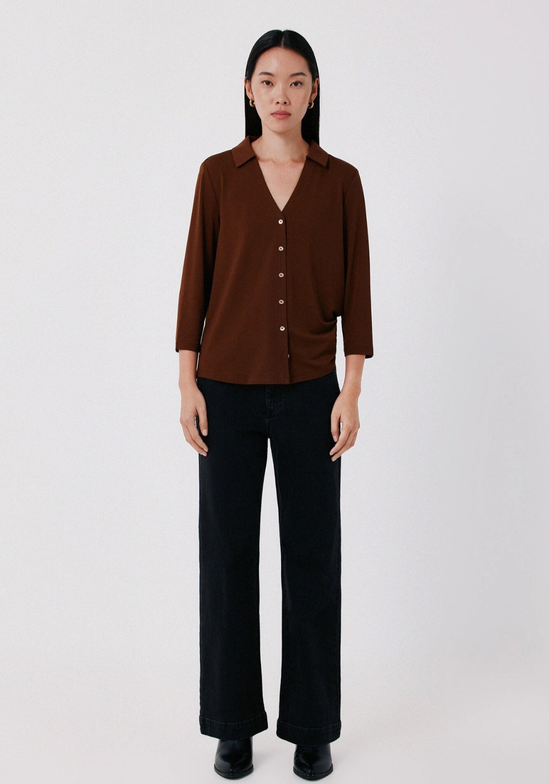 Print Pattern V Neck Front Button Basic Shirt - Tan