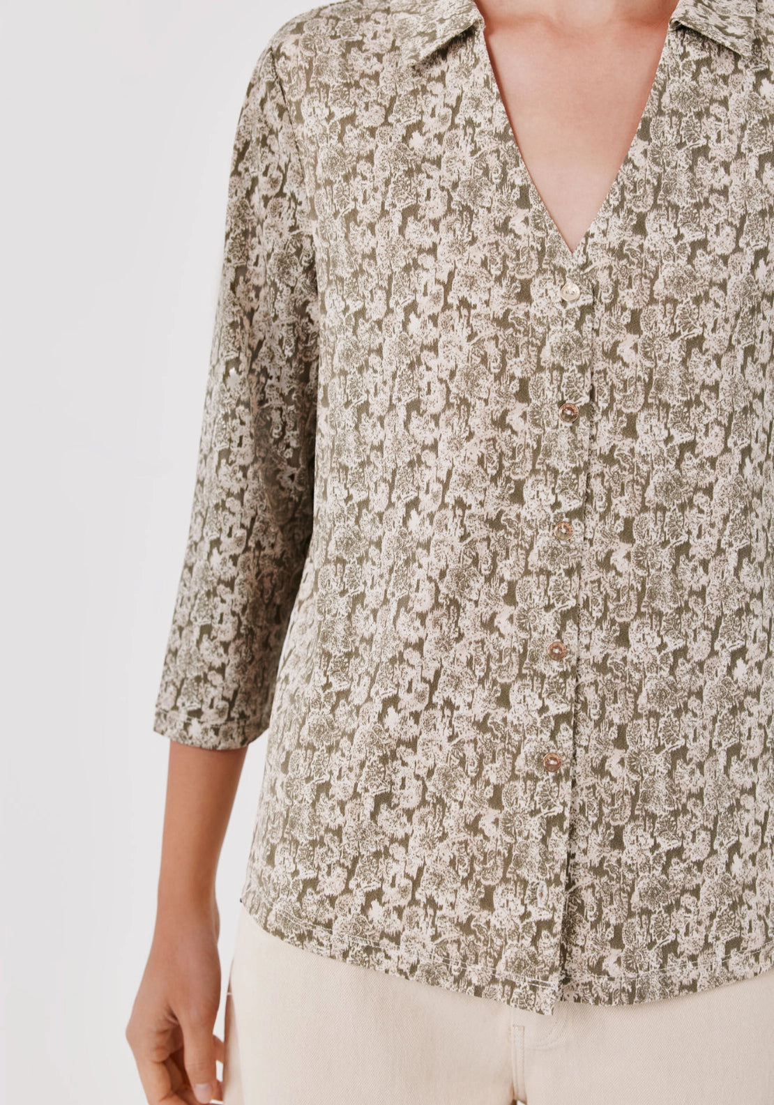 Print Pattern V Neck Front Button Basic Shirt - Grey Print