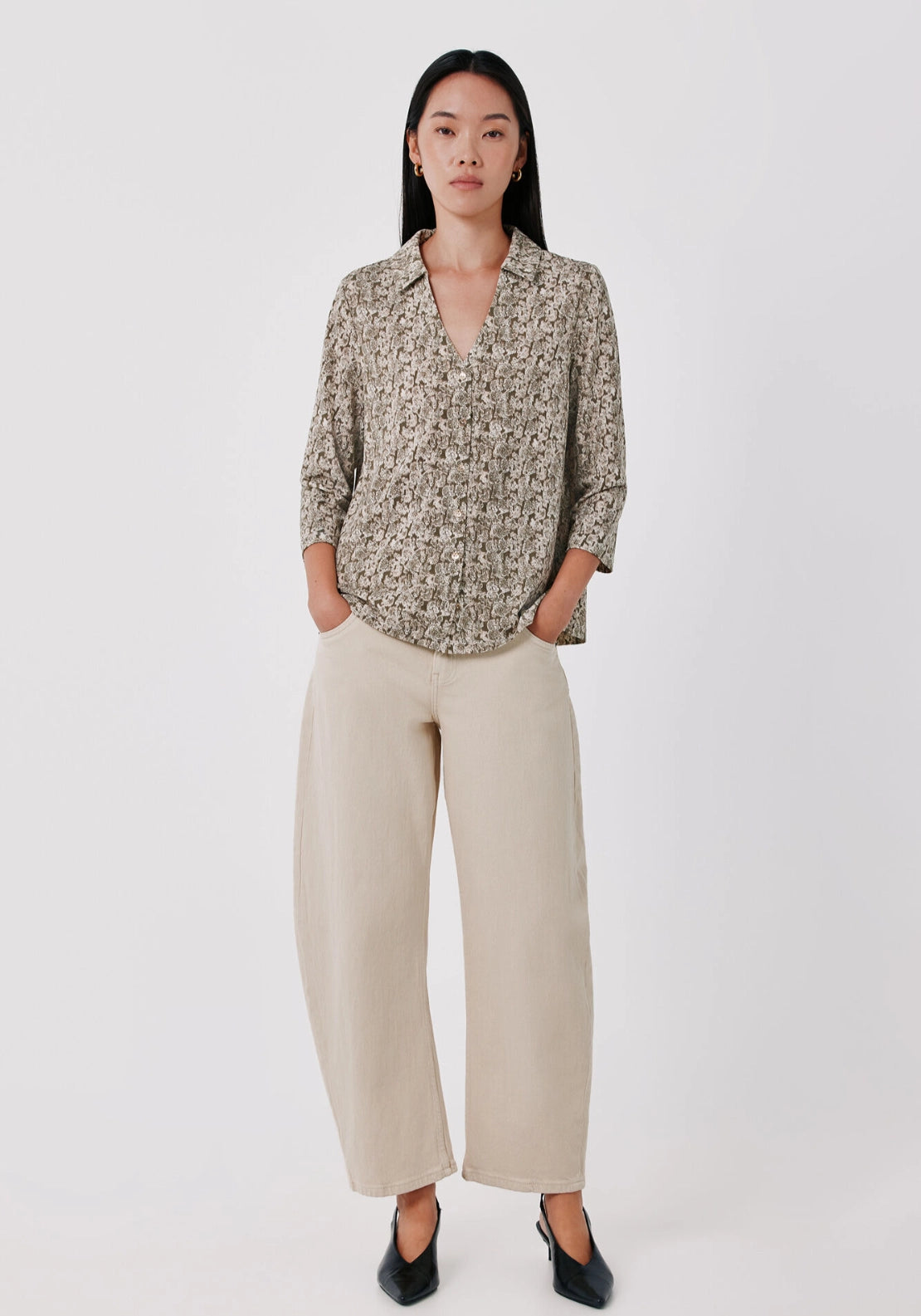 Print Pattern V Neck Front Button Basic Shirt - Grey Print